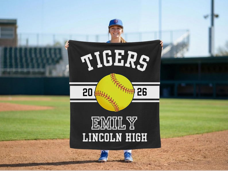 Personalized softball blanket with a custom design for a senior softball player, perfect as an end of season gift, senior night gift, or softball banquet keepsake for softball seniors and proud senior softball moms.