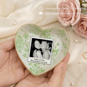 Personalized maid of honor ring dish with blue toile de jouy floral pattern, custom photo design, and white ceramic jewelry tray with gold trim