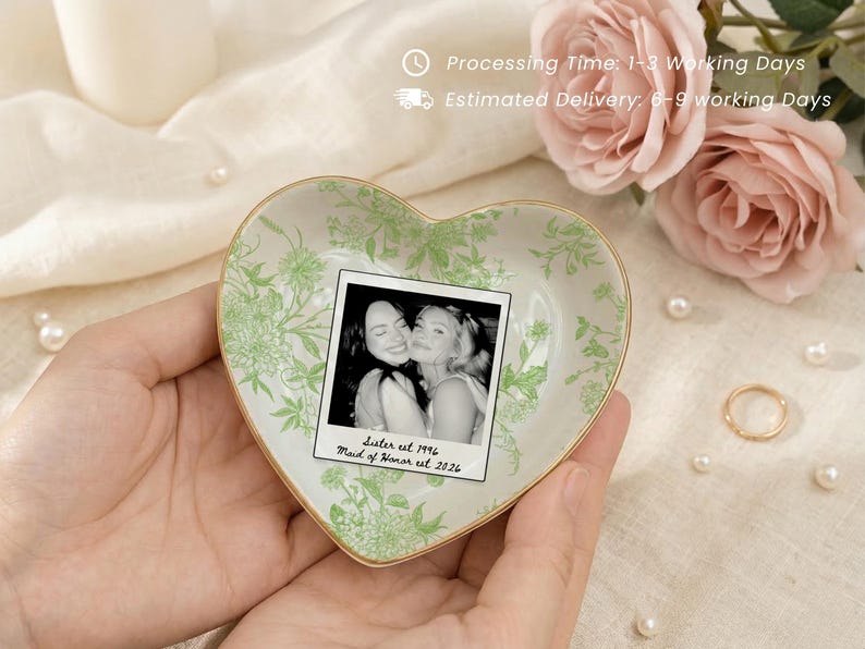 Personalized maid of honor ring dish with blue toile de jouy floral pattern, custom photo design, and white ceramic jewelry tray with gold trim