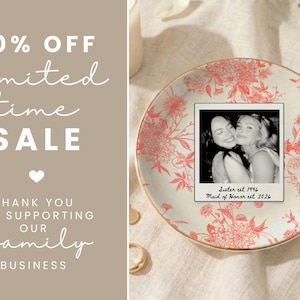 Personalized maid of honor ring dish with blue toile de jouy floral pattern, custom photo design, and white ceramic jewelry tray with gold trim