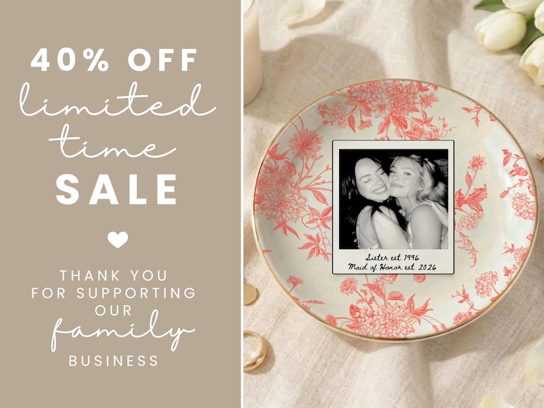 Personalized maid of honor ring dish with blue toile de jouy floral pattern, custom photo design, and white ceramic jewelry tray with gold trim