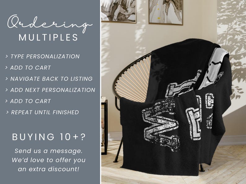 May include: A black blanket with a white distressed graphic is draped over a black chair. The blanket has the word "MF" in large letters. Text on the left side of the image reads "Ordering MULTIPLES".