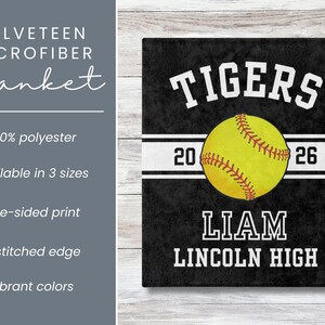 Personalized softball blanket with a custom design for a senior softball player, perfect as an end of season gift, senior night gift, or softball banquet keepsake for softball seniors and proud senior softball moms.
