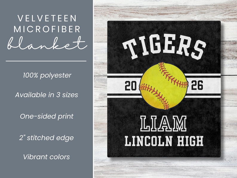 Personalized softball blanket with a custom design for a senior softball player, perfect as an end of season gift, senior night gift, or softball banquet keepsake for softball seniors and proud senior softball moms.