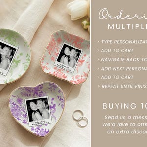 Personalized maid of honor ring dish with blue toile de jouy floral pattern, custom photo design, and white ceramic jewelry tray with gold trim