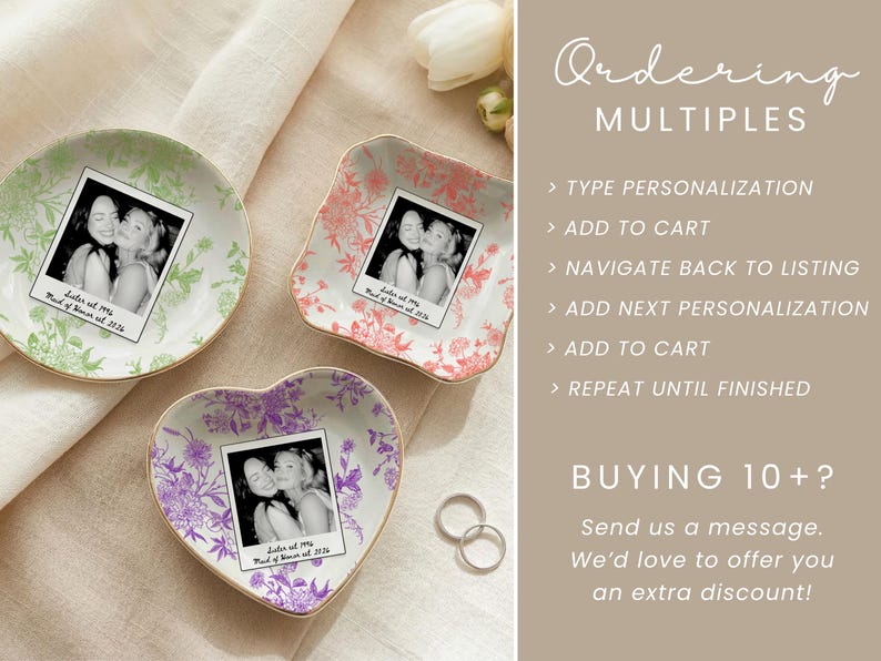 Personalized maid of honor ring dish with blue toile de jouy floral pattern, custom photo design, and white ceramic jewelry tray with gold trim