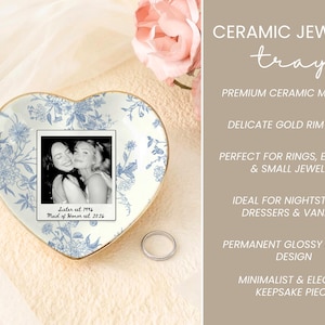 Personalized maid of honor ring dish with blue toile de jouy floral pattern, custom photo design, and white ceramic jewelry tray with gold trim