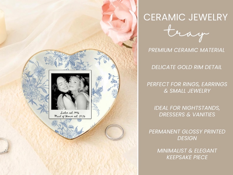 Personalized maid of honor ring dish with blue toile de jouy floral pattern, custom photo design, and white ceramic jewelry tray with gold trim