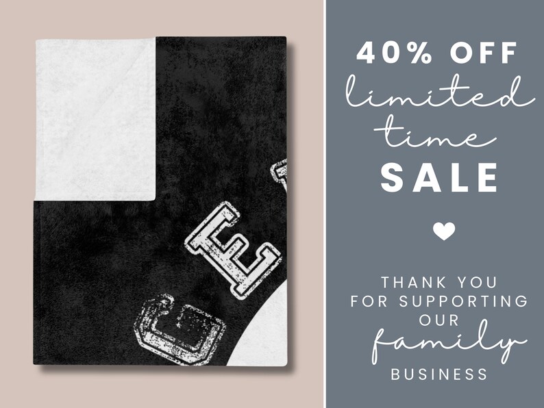 May include: A monochrome design featuring the letters "GE" in a distressed style. The image includes the text "40% OFF limited time SALE" and "Thank you for supporting our family business."