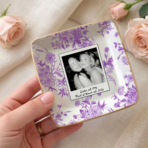 Personalized maid of honor ring dish with blue toile de jouy floral pattern, custom photo design, and white ceramic jewelry tray with gold trim