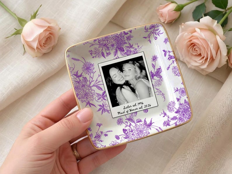 Personalized maid of honor ring dish with blue toile de jouy floral pattern, custom photo design, and white ceramic jewelry tray with gold trim