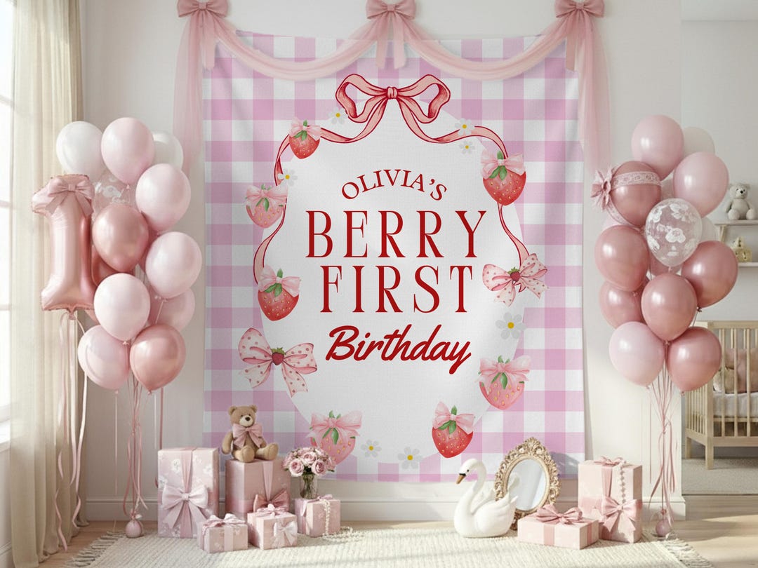 Berry First Birthday Party Banner: Custom Strawberry Birthday Backdrop ...