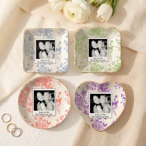 Personalized maid of honor ring dish with blue toile de jouy floral pattern, custom photo design, and white ceramic jewelry tray with gold trim