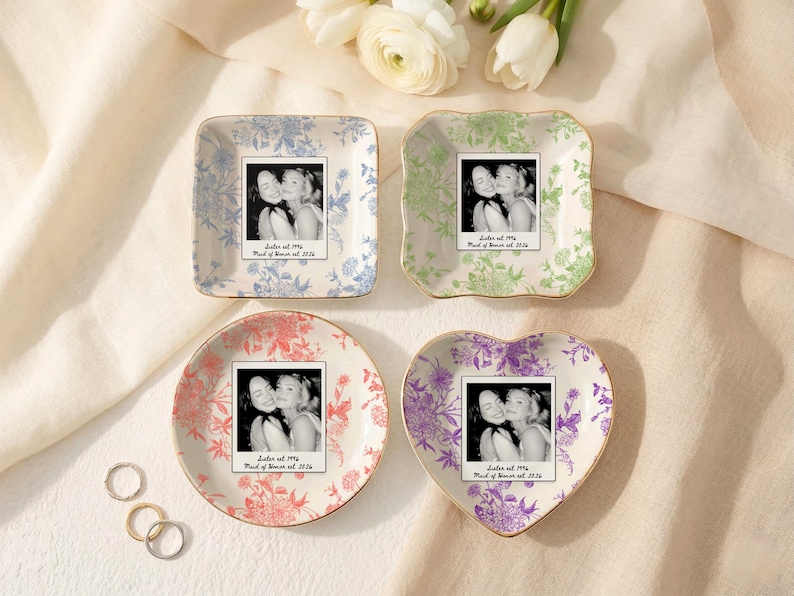 Personalized maid of honor ring dish with blue toile de jouy floral pattern, custom photo design, and white ceramic jewelry tray with gold trim