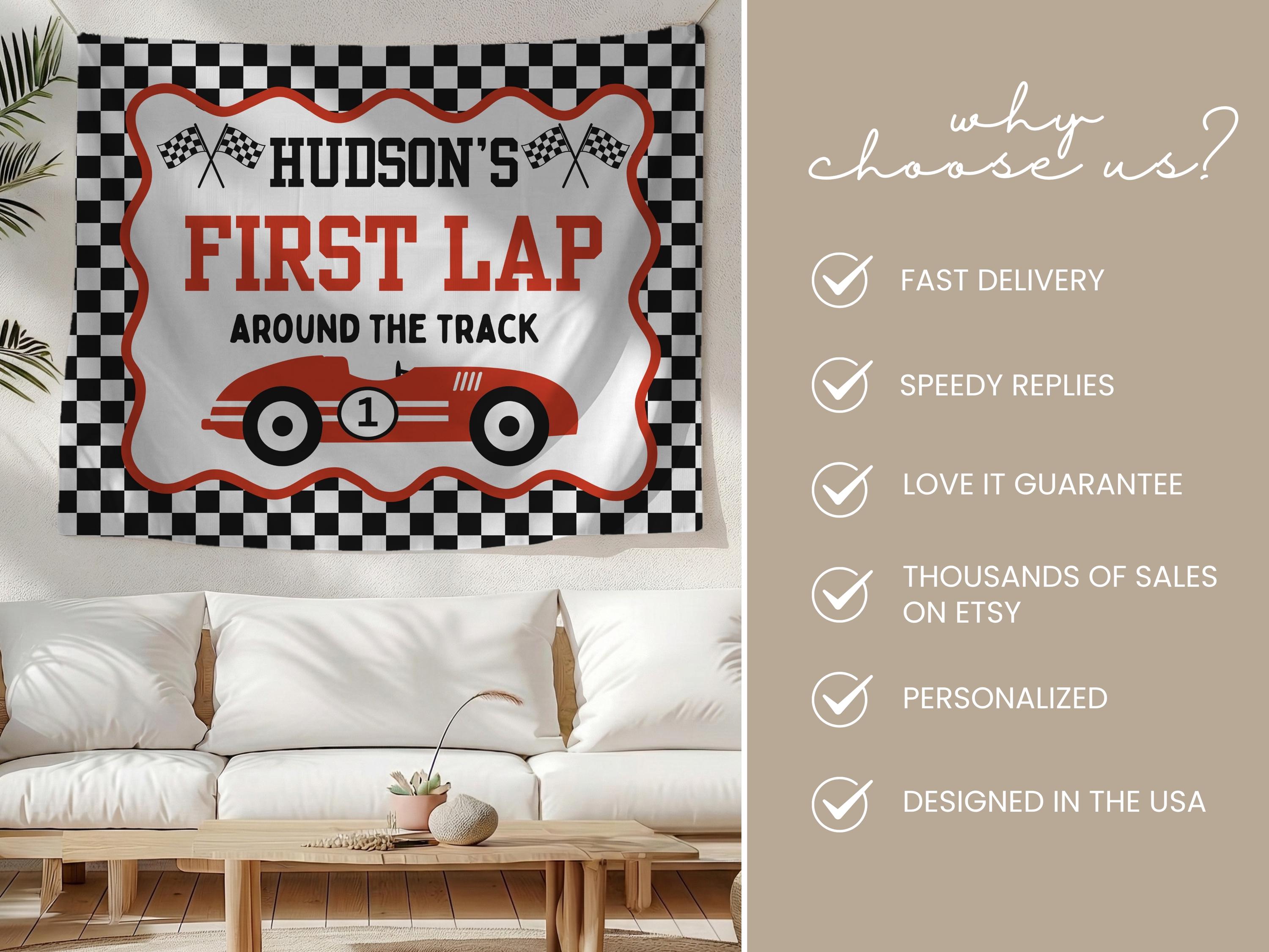 First Lap Around the Track Race Car First Birthday Banner: Custom Racer ...