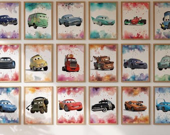 Cars Watercolor Art Prints, Lightning McQueen, Kids Room (Digital Download)