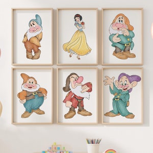 Snow White and Seven Dwarfs Wall Art, Snow White Poster, Watercolor Snow White, Seven Dwarfs Printable, Kids Room Decor, Nursery Wall Art