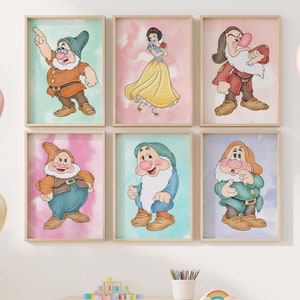 Snow White Watercolor Wall Art, Seven Dwarfs Wall Art, Snow White Poster, Nursery Wall Art, Kids Room Decor, Snow White Prints, Digital Art
