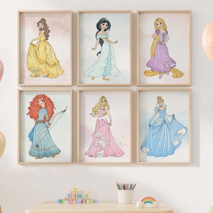 Arte de pared de princesas imprimible, decoración del hogar de princesas, guardería con temática de princesas, decoración de habitación de niños, arte de pared moderno, póster de arte de descarga instantánea