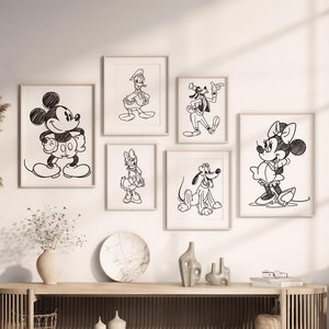 Sketch Mickey Friends Poster, Mickey Silhouette Wall Art, Nursery Wall Art, Mickey Minnie Art Set Of 6, Boy Bedroom Decor, Mickey Printable