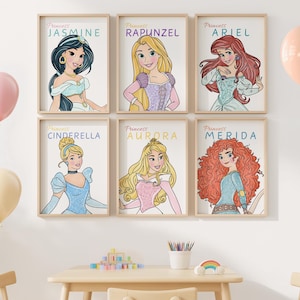 Princess Watercolor Wall Art Set, Princess Kids Room Decor, Girl Room Wall Art, Nursery Wall Art, Princess Poster, Digital Art