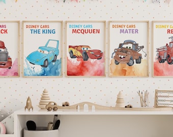 Cars Watercolor Printable Wall Art, Set of 9 Prints, Lightning McQuenn Wall Art, Mater, Sally, The King, Mack Posters for Kids Room Decor