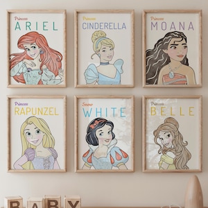 Princess Watercolor Wall Art, Ariel Poster, Cinderella Wall Art, Nursery Wall Art, Girls Room Decor, Rapunzel Decor, Snow White, Elsa Anna