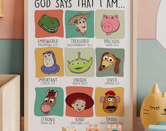 God Says That I am Wall Art, Toy Story Wall Art, Nursery Wall Art, Kids Room Decor, Christian Nursery Decor, Inspirational Scripture Print