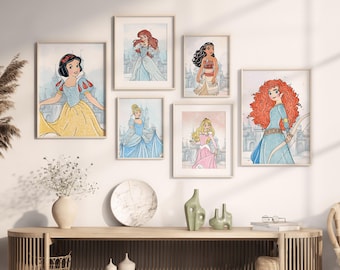 Princess Wall Art Bundle, 14 Digital Prints, Fairytale Nursery Decor, Kids Room Printable Posters, Watercolor Princess Art, Princess Castle
