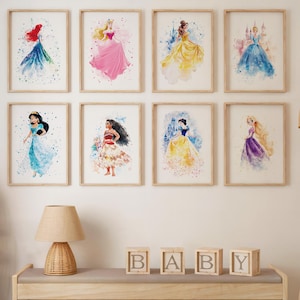 Princess Set of 10 Watercolor Wall Art, Princess Wall Art, Girls Room Decor, Nursery Wall Art, Nursery Princess Poster, Princess Poster
