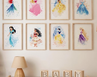 Láminas de acuarela de princesas para pared, juego de 10 (descarga digital)
