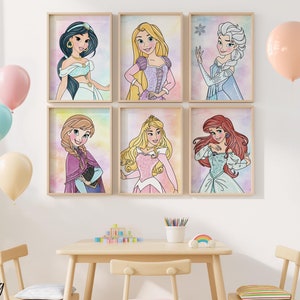 Prinses muurkunst set, decor meisjeskamer, prinses thema, aquarel prinses print, decor kinderkamer, digitale muurkunst, slaapkamer decor