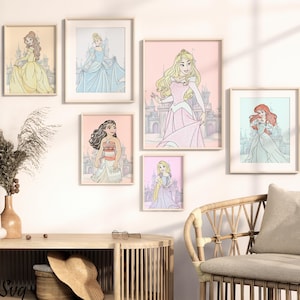 Princess Watercolor Wall Art Set of 14 Prints, Nursery Decor, Fairytale Princess Printable Artwork for Kids Room, Girls Room Decor