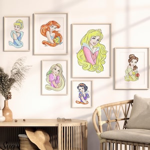 Princess Wall Art, Watercolor Princess Decor, 13 Digital Princess Prints, Girls Room Decor, Fairytale Princess Room Decor, Princess Poster