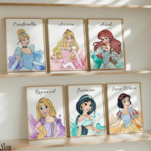 Prinses muurkunst, aquarel prinses decor, prinses set van 6 prints, kinderkamer prinses kunst, kinderkamer decor, cadeau voor meisje, prinses kunst