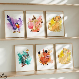 Watercolor Lion King Wall Art, 8 Digital Prints, Simba, Musafa, Nala, Timon, Pumbaa, Nursery wall Art, Kids Room Decor, Gift For Kids