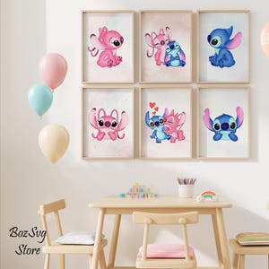 Arte de pared de Stitch y ángel, póster de Stitch en acuarela, arte de pared para habitación infantil, decoración de Ohana significa familia, impresiones de Stitch, decoración de habitación infantil