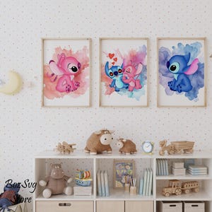 Arte de pared de Stitch y ángel, impresiones de acuarela para guardería, lindo juego de 3 impresiones de arte de pared, decoración de habitación infantil, regalo de baby shower, descarga digital