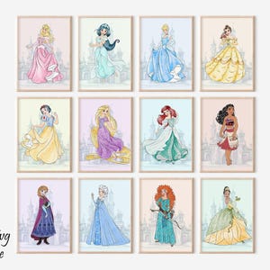 Princess Watercolor Wall Art, Digital Nursery Decor Download, Girls Room Decor, Ariel Wall Art, Elsa and Anna Prints, Rapunzel Poster