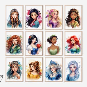 Aquarel prinses muurkunst, prinses posters, meisjes kamer decor, afdrukbare prinses kunst aan de muur wordt afgedrukt, kinderkamer prinses kunst aan de muur, digitaal