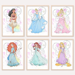 Watercolor Princess Wall Art Set, 14 Digital Prints, Princess Nursery Decor, Belle, Ariel, Elsa, Rapunzel, Aurora, Printable Kids Room Decor
