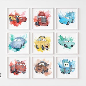 Watercolor Cars Wall Art, Digital Download, Cars Printable Art, Lightning McQueen Wall Decor, Kids Room Digital Prints, Cars Nursery Decor