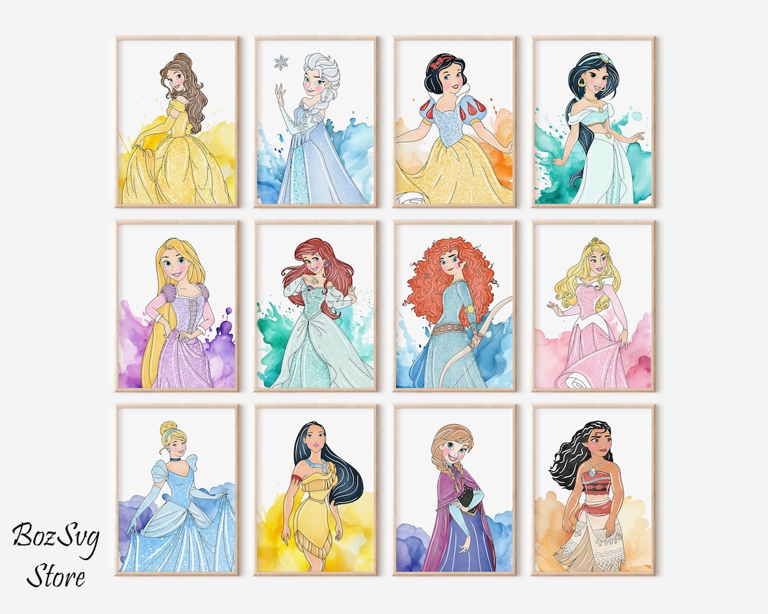 Watercolor Printable Princess Decor, Princess Wall Art Printable, Princesses Themed Nursery ...