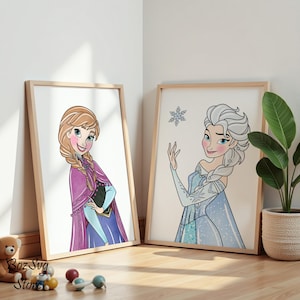 Frozen Elsa Anna Watercolor Wall Art, Digital Princess Print for Girls Room Decor, Princess Prints, Princess Elsa Poster, Frozen Wall Decor