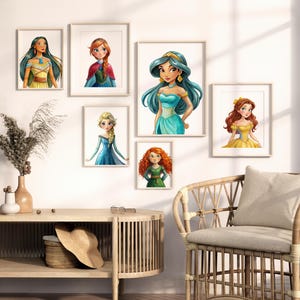 Princess Watercolor Wall Art, Cinderella, Jasmine, Belle, Pocahontas, Merida, Anna Digital Print, Girls Room Decor, Princess Poster