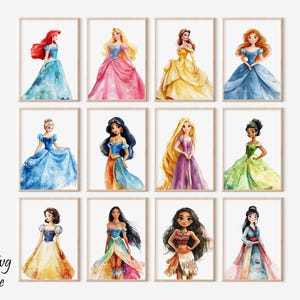 Princess Watercolor Wall Art, Fairy Tale Nursery Print, Girl Room Decor, Princess Poster, Printable Princess, Princess Theme, Digital Art