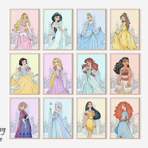 プリンセス ウォール アート、水彩プリンセス ポスター、白雪姫 ポスター、ベル ウォール アート、ラプンツェル ポスター、子供部屋 ウォール アート、女の子の部屋の装飾