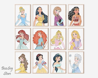 Princess Wall Art Set 13 Posters, Printable Wall Art Decor, Princess Art, Digital Wall Art Print, Kids Room Decor, Nursery Princess Print