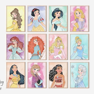 Princess Prints, Princess Wall Art, Girl Room Decor, Watercolor Princess Posster, Baby Girl Wall Art, Princess Theme Art, Nursery Print