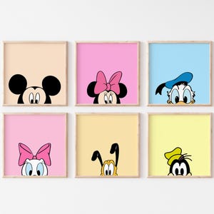 Juego de arte de pared de Mickey Mouse y sus amigos, Minnie, Daisy, Donald, decoración de guardería, habitación infantil imprimible, arte digital colorido para niños